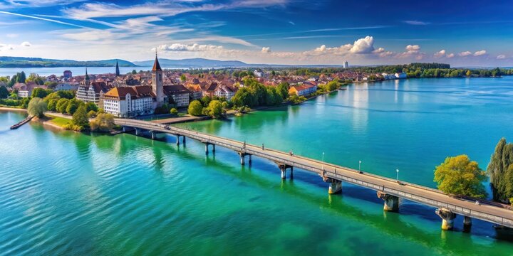 Panoramic view of Konstanz Bodensee See Br?cke with clear blue water and surrounding natural landscape , bridge, nature
