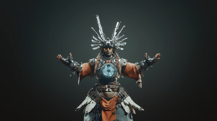 A futuristic shaman with robotic arms, a chest piece displaying a shifting digital pattern, and a ritualistic tech sphere. Videogame 3D model, A-pose, simple background