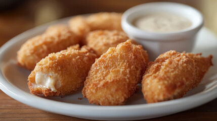 Jalapeno slices in close-up, golden crispy breadcrumbs stuffed with melted cheese, spread on a white plate with a small cup of ranch dressing