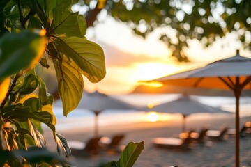 A tropical beach scene with xanthous umbrellas dotting the sandy shore, waves crashing gently in the background