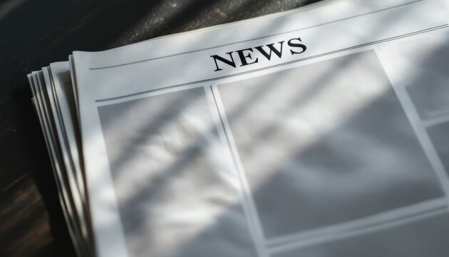 Stack of newspapers with a prominent header 'NEWS' on a dark wooden surface