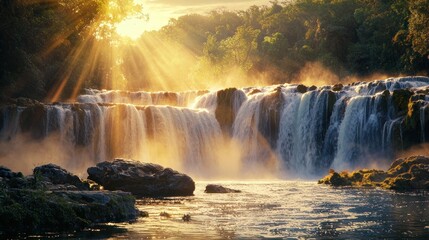 Sunlit waterfall cascading over rocks into a calm river.