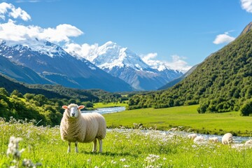 Fototapeta premium Observe a sheep standing upright with thick wool, symbolizing comfort, strength, and tranquility in a serene countryside landscape.