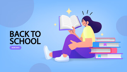 A female student reads a magical glowing book for a 'Back to School' promotion. This vector banner illustrates the joy of learning, ideal for education and library campaigns. 