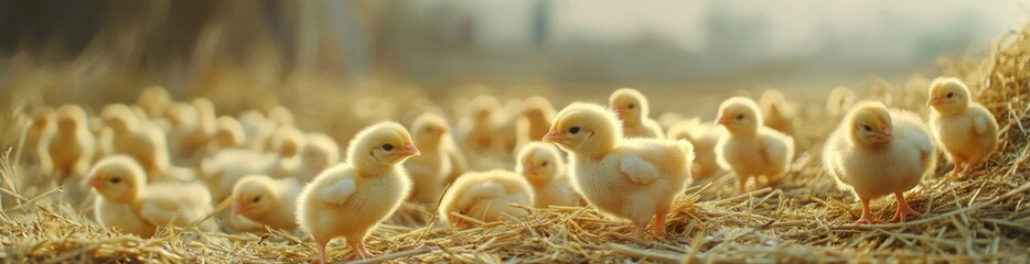 A group of fluffy chicks are scattered across a bed of straw on a farm. It is early morning, and the warm sunlight creates a gentle glow, highlighting their adorable features