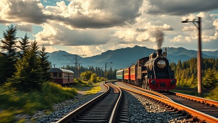 Fototapeta premium Retro Train Journey: Scenic Railscapes