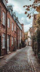 Fototapeta premium Charming cobblestone street lined with old brick houses under a cloudy sky.