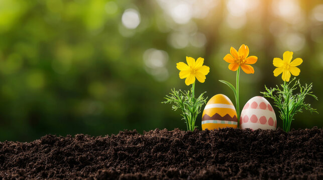 Easter eggs and blooming flowers in fresh soil with vibrant spring background