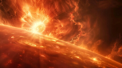 Fototapeta premium Cosmic swirl of vibrant colors above an ethereal planet in space. Generative AI