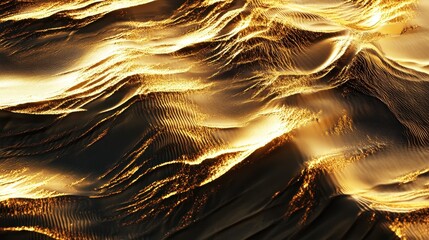 An abstract composition of golden waves with glowing, shimmering textures resembling flowing sand...