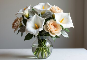 Obraz premium Stylish Floral Arrangement: White Calla Lilies, Beige Peonies, Silver Leaves. Glass Vase, Minimalist Aesthetic, Muted Colors, Photorealistic, Soft Light, Sophisticated Vibe, Negative Space,