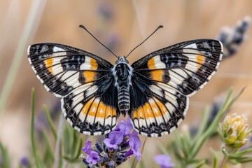 Fototapeta premium A xanthous butterfly resting on a purple lavender flower, with intricate details of its wings visible
