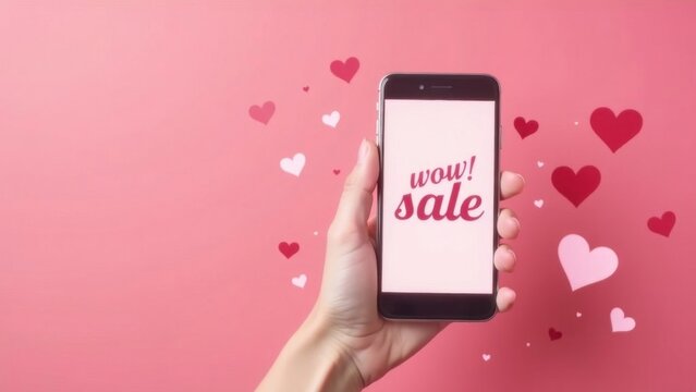 Woman holding smartphone with wow sale text and hearts on pink background - Powered by Adobe