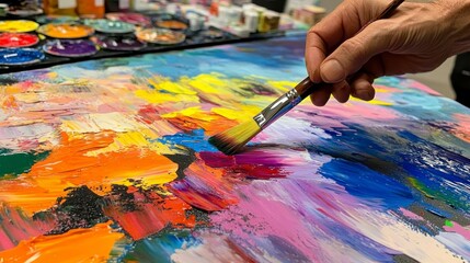 Fototapeta premium Artistic expression painter's hand with brush studio close-up image colorful palette creative vibe