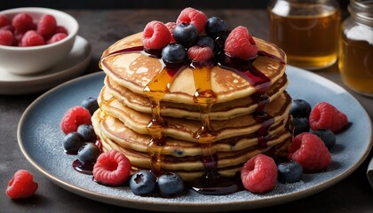 Delicious Stack of Buttermilk Pancakes Topped with Fresh Raspberries and Blueberries Drizzled with Maple Syrup