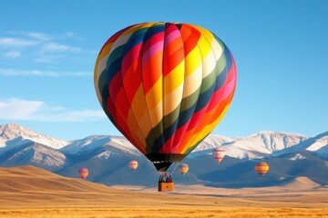 Obraz premium A xanthous hot air balloon floating in a clear blue sky, with other balloons in the distance