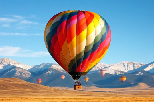 A xanthous hot air balloon floating in a clear blue sky, with other balloons in the distance