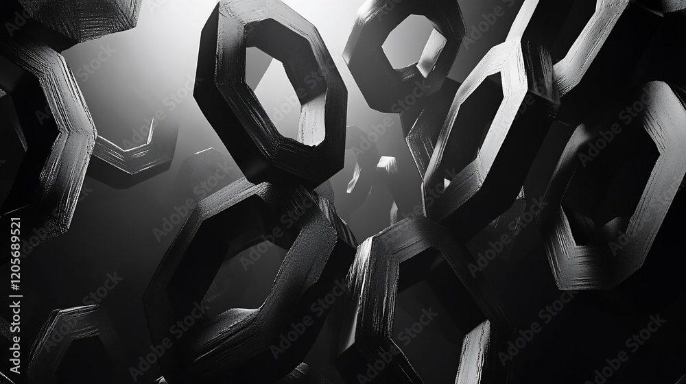 Poster abstract grayscale image of floating hexagonal shapes.
