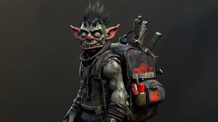 Fototapeta premium A crazed goblin with soot-covered skin, a spiky mohawk, and a backpack loaded with improvised bombs. Videogame 3D model, A-pose, simple background