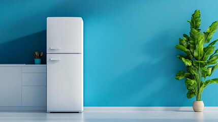 A modern white refrigerator placed against a clean blue wall