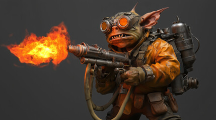 Fototapeta premium A goblin pyromaniac dressed in tattered, flameproof gear, gripping a flamethrower cobbled together from scrap metal and hoses. Videogame 3D model, A-pose, simple background