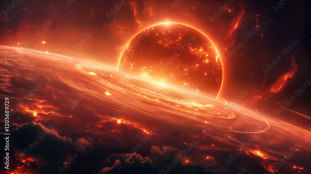 Canvas Prints cosmic landscape with rings around a planet and a glowing sun backdrop. generative ai