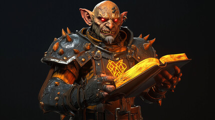 A terrifying goblin warlock with claw-like hands, wearing armor etched with glowing demonic runes and holding a grimoire of forbidden spells. Videogame 3D model, A-pose, simple bac