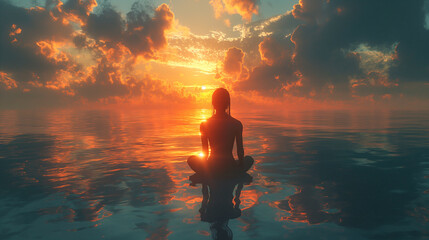 Obraz premium Vibrant sunset illuminates individual in serene contemplation by the ocean. Generative AI