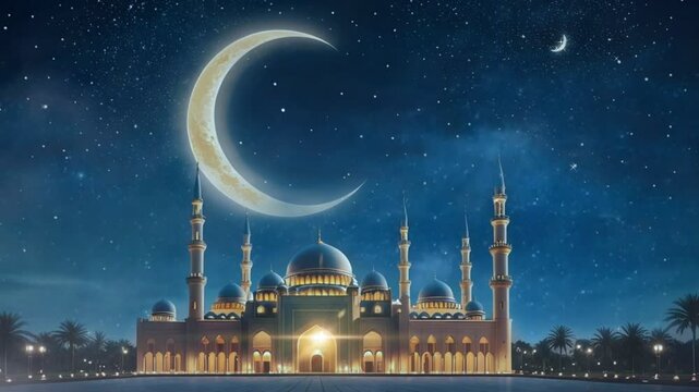 Beautiful Mosque Under Starry Night Sky with Crescent Moon, seamless looping 4k video background 