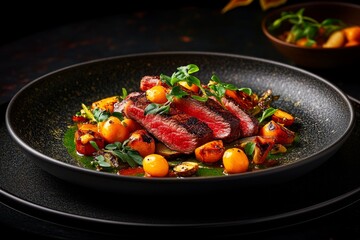 A 3D-rendered scene of a perfectly plated steak dinner, with ultra-realistic textures and vibrant colors emphasizing the meal appeal