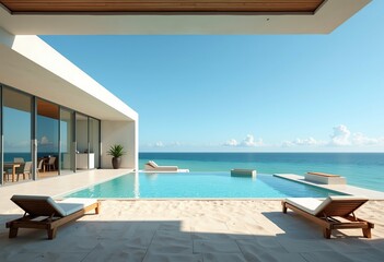 Fototapeta premium Photorealistic Coastal Villa: Glass Walls, Turquoise Pool, Sandy Beach. Minimalist Aesthetic, Pastel Colors, Soft Neutral Tones, Subtle Bright Accents, Deep Tones, Visual Harmony, Beachfront Relaxatio