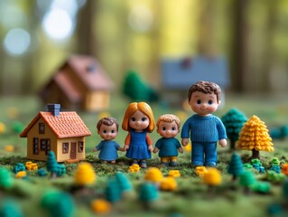 A miniature family scene with dolls and a house set in a vibrant, natural environment.