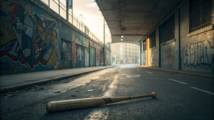 Wooden Baseball Bat Lies Discarded Beneath Urban Overpass