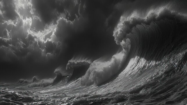 Dramatic monochrome waves crashing under stormy clouds.