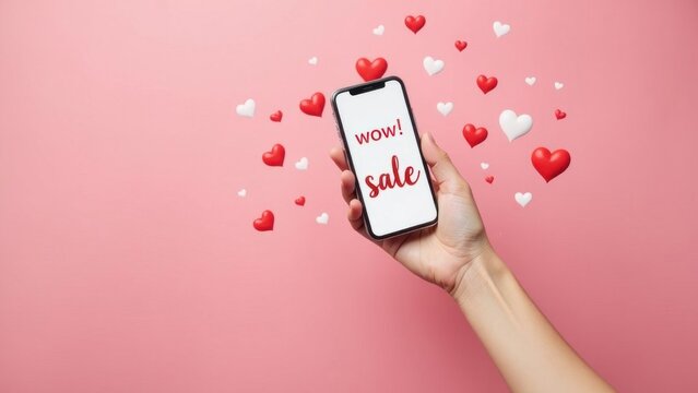 Hand holding smartphone with wow sale text and hearts on pink background