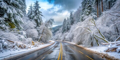 Snowy road with fallen trees covered in sleet and ice, hazardous conditions