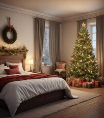 A cozy winter bedroom scene with a decorated Christmas tree and festive decor, calming environment, cozy bedroom