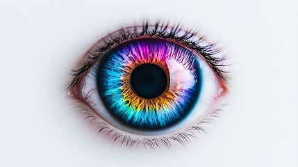 A vibrant, colorful eye with rainbow hues surrounding the pupil, showcasing intricate details and a striking appearance.