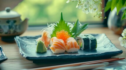 Artfully crafted sushi platter japanese restaurant culinary art tranquil setting close-up view gourmet presentation