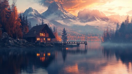 Fototapeta premium Serene sunset at a cozy lakeside cottage majestic mountains digital artwork tranquil environment aerial view peaceful retreat