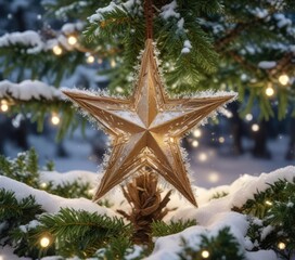 A luminous star-shaped decoration nestled in the center of a snow-covered Christmas tree , centered, glowing, icy