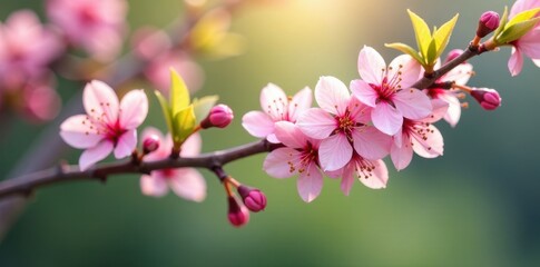 Spring branch with delicate pink blossoms and tiny green leaves, blooming, flowers