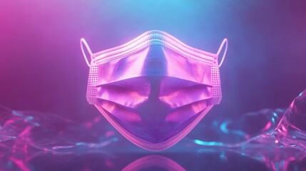 Neon-lit face mask on reflective surface, studio shot