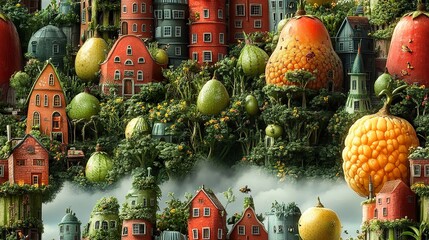 Fototapeta premium Miniature Houses Nestled Among Giant Fruit and Lush Greenery