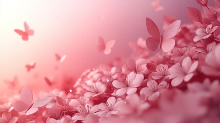 Fototapeta premium Pink butterflies fly above blooming flowers, sunset