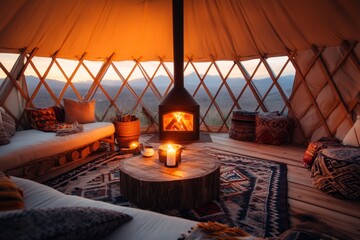 Obraz premium A cozy interior of a yurt with colorful rugs, wooden furniture, and a central fireplace emitting soft, warm light
