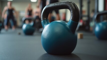 Kettlebell workout session in a fitness studio with participants training in the background