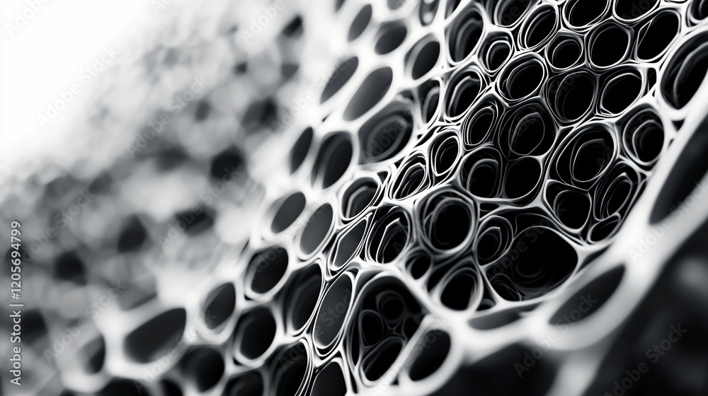 Poster Abstract grayscale 3D render of interconnected organic shapes, resembling a porous network or cellular structure.