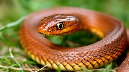 Obraz premium Close-Up of Beautiful Brown Snake Curled on Green Grass