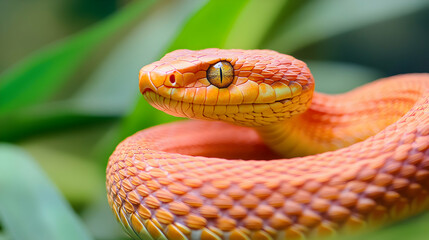 Fototapeta premium Vibrant Orange Snake with Intricate Scales Lying in Green Foliage